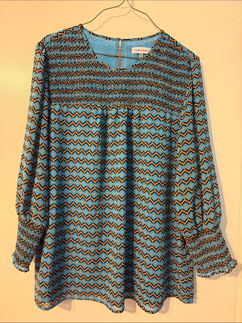 Calvin Klein Teal and Black Geometric Smocked Blouse size XL